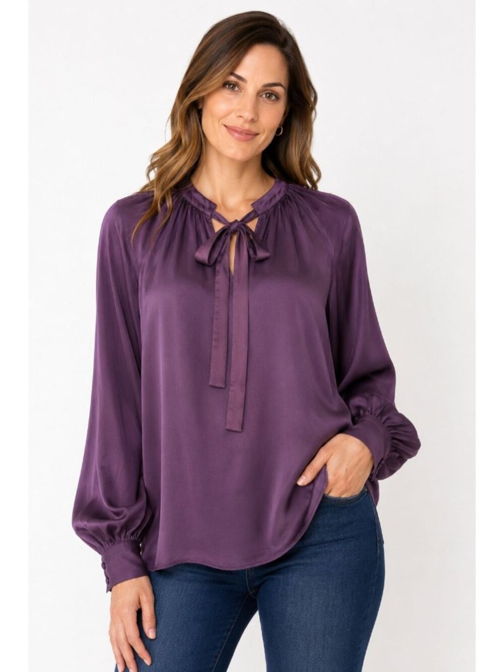 Elizabeth and James Purple 100% Silk Blouse size Large Bow tie office siren